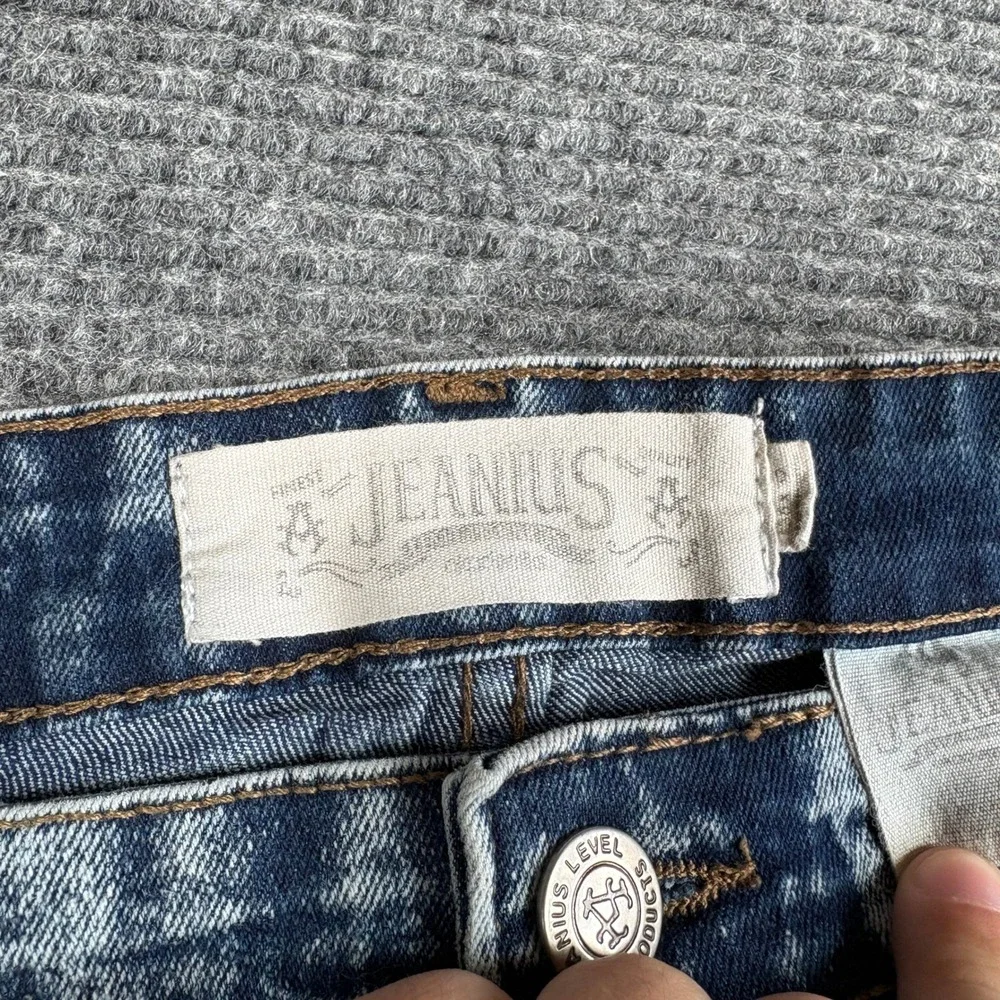 Jeanius Mens 36x32 Moto Biker Jeans Blue Acid Wash Paint Splatter Slim Denim